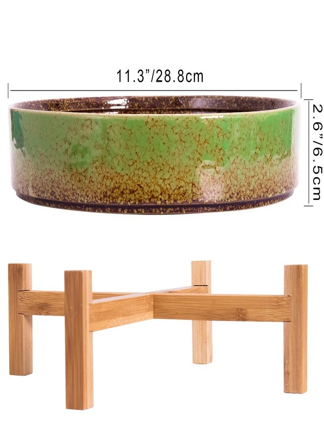 ARTKETTY Succulent Planters - 11 Inch Large Succulent Pots with Drainage, Ceramic Bonsai Pots with Bamboo Stand Shallow Planters for Indoor/Outdoor Plants Modern Cactus Flower Planter Bowl (Green) - Image 4
